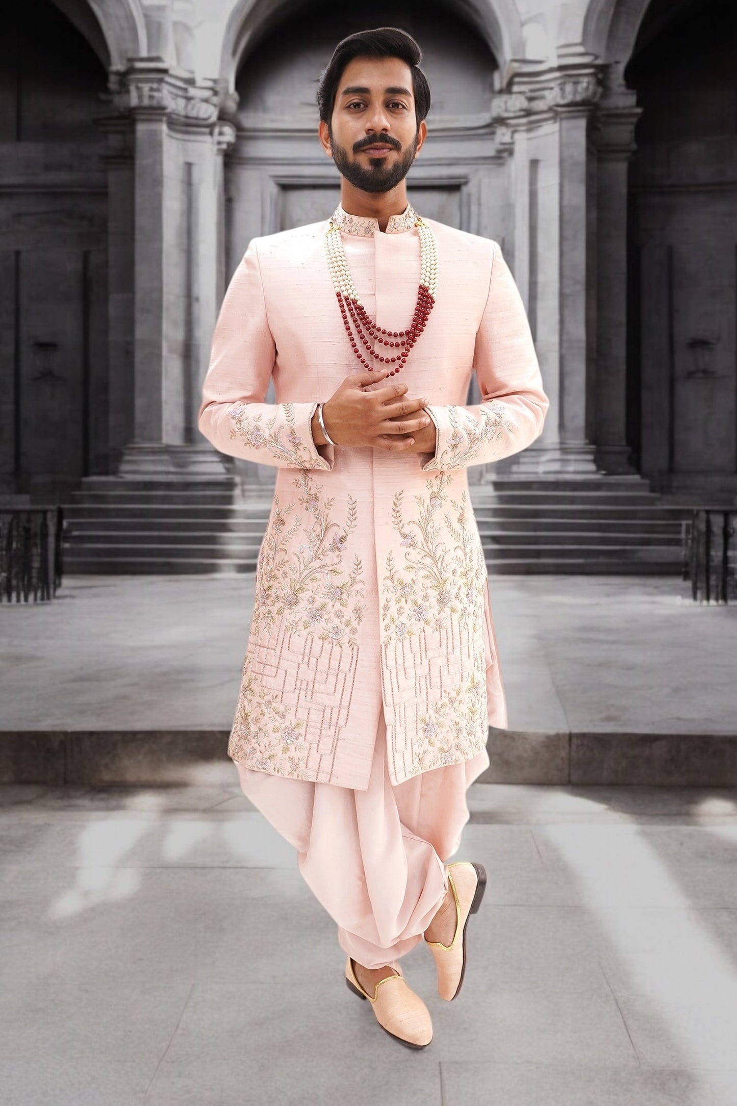 Blush Pink Pure Raw Silk Sherwani Set with Bordered Zardosi Work