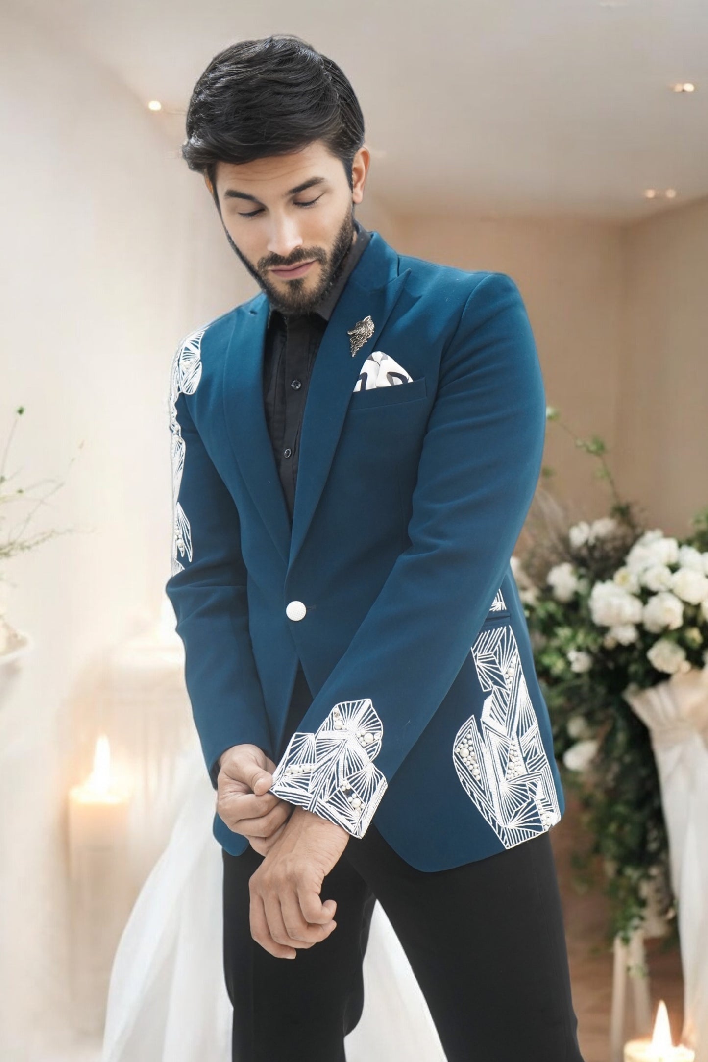 White Beaded Embellished Teal Green Tuxedo
