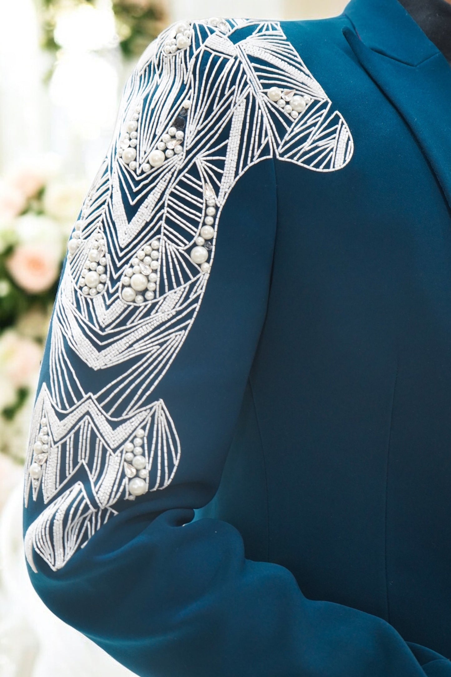 White Beaded Embellished Teal Green Tuxedo