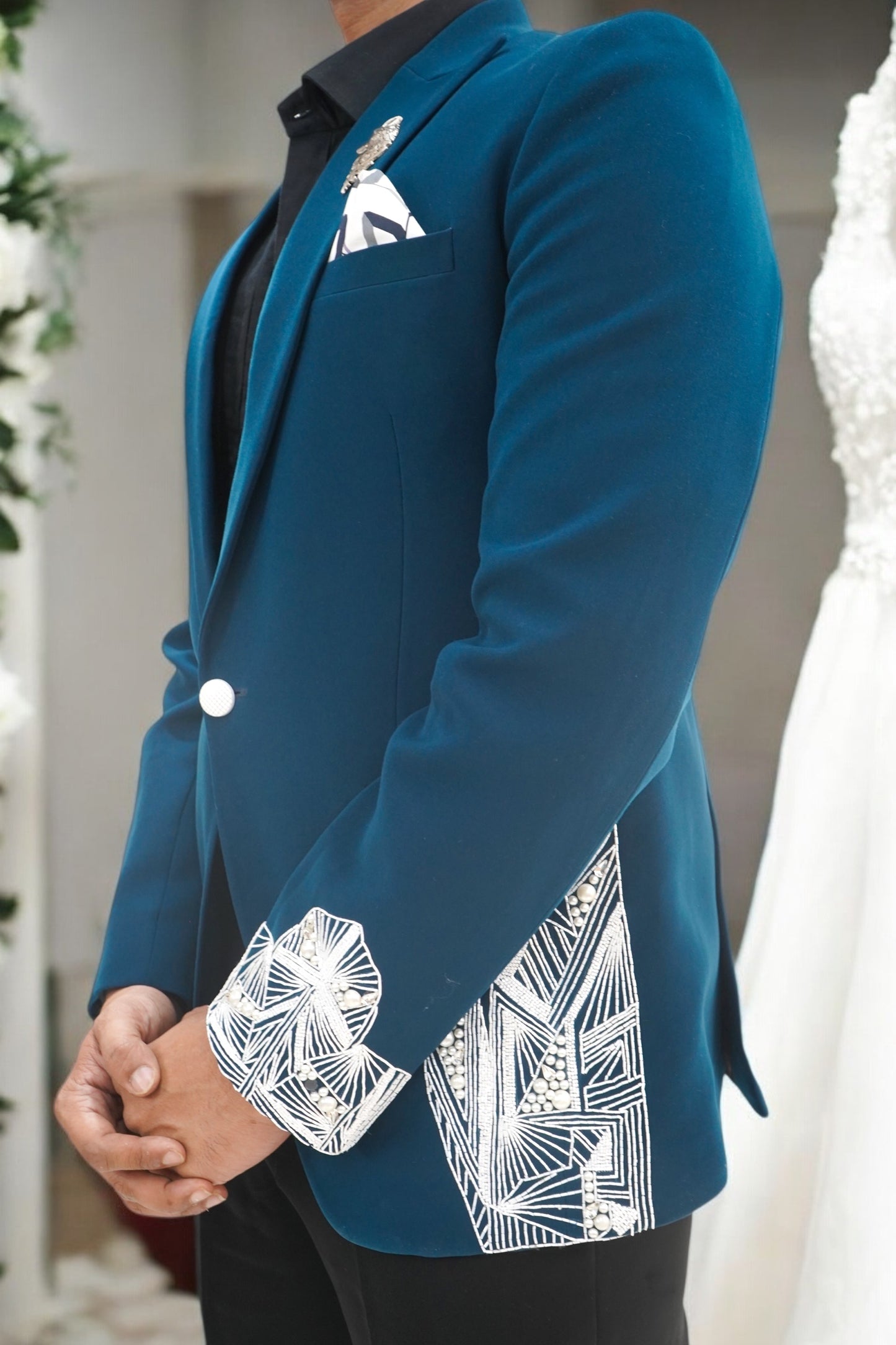 White Beaded Embellished Teal Green Tuxedo