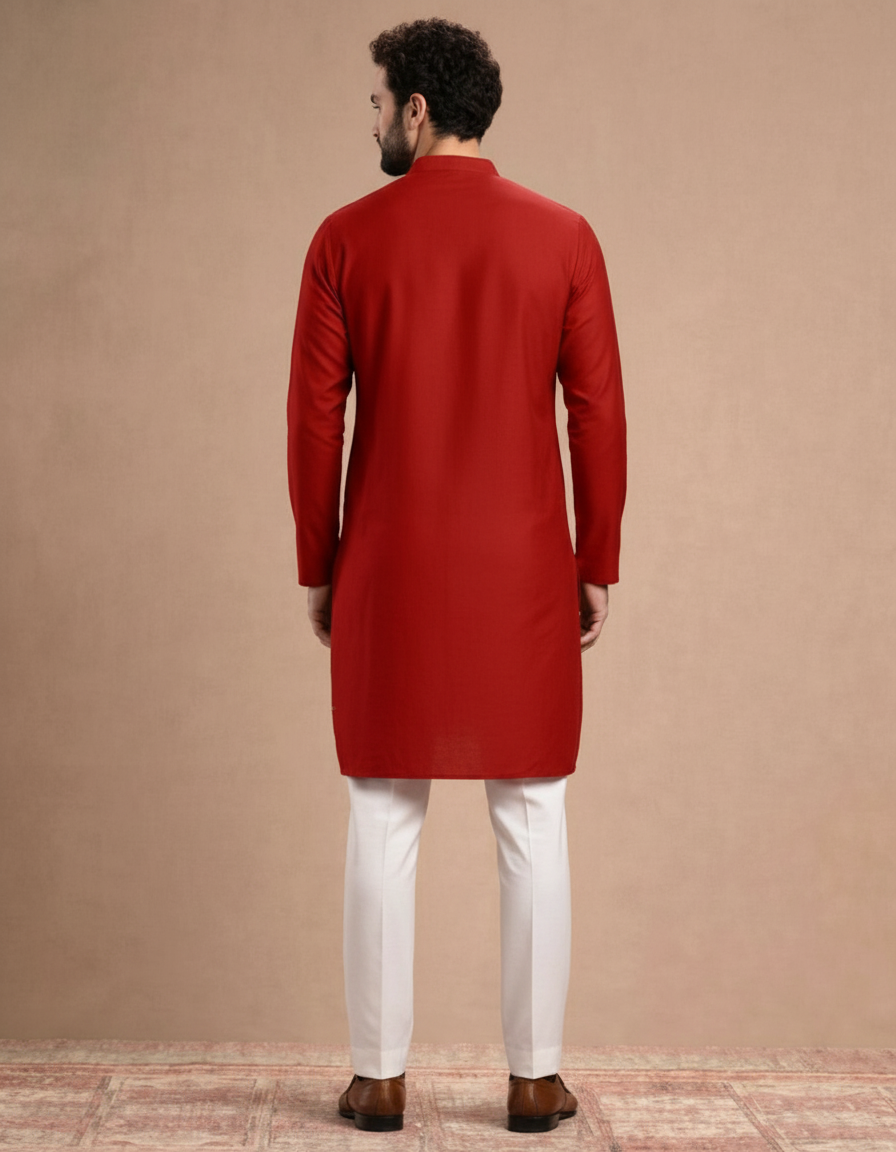 Men’s Red Ethnic Kurta Set with Traditional Illustration