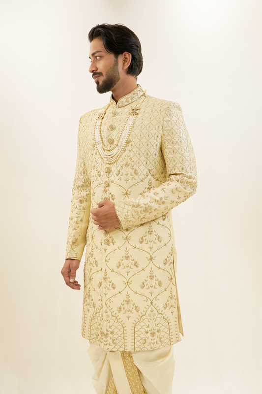 Geometric Floral Sherwani In pure raw silk