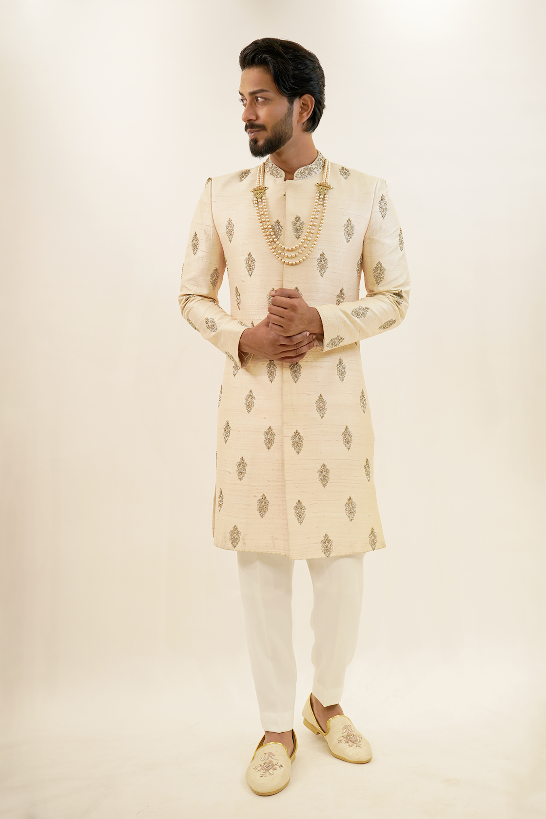 Pure Raw silk sherwani with traditional butta design