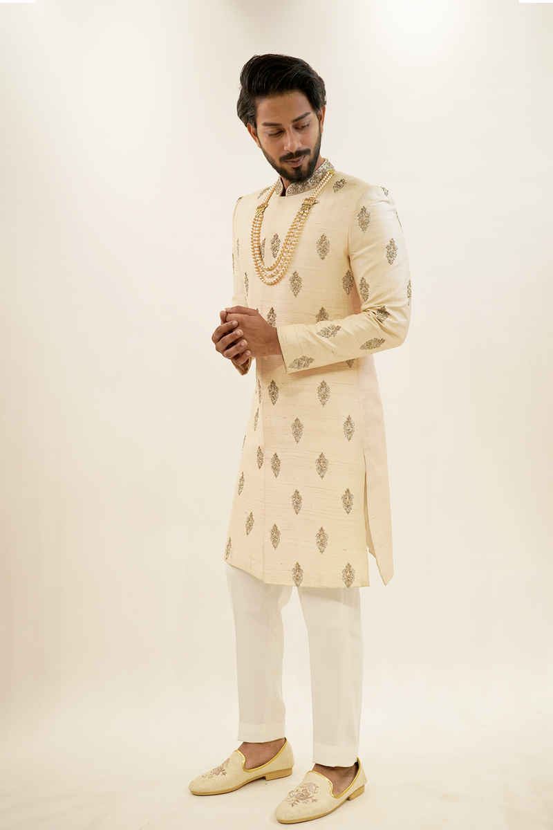Pure Raw silk sherwani with traditional boota design