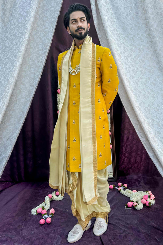 Mustard Yellow Sherwani with boota work