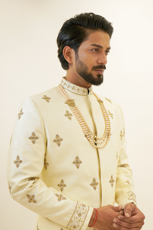 Off-white pure raw silk sherwani with zardozi work