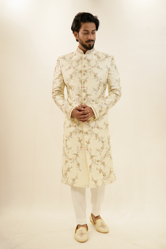 Sherwani with embroided floral veins