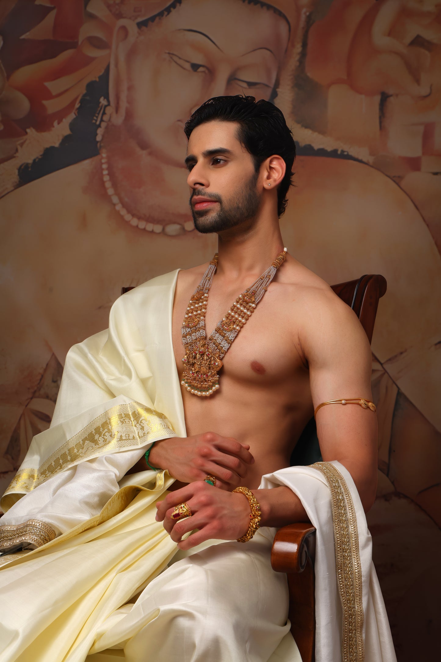 Off-white pure pattu pancha set with zari and resham embroidery