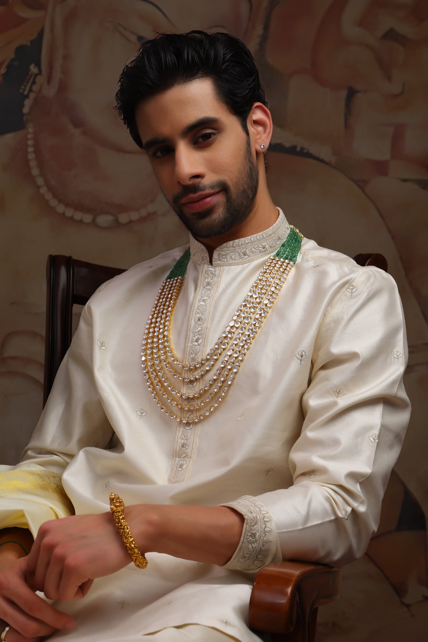 Off-white pure pattu pancha set with zari and resham embroidery