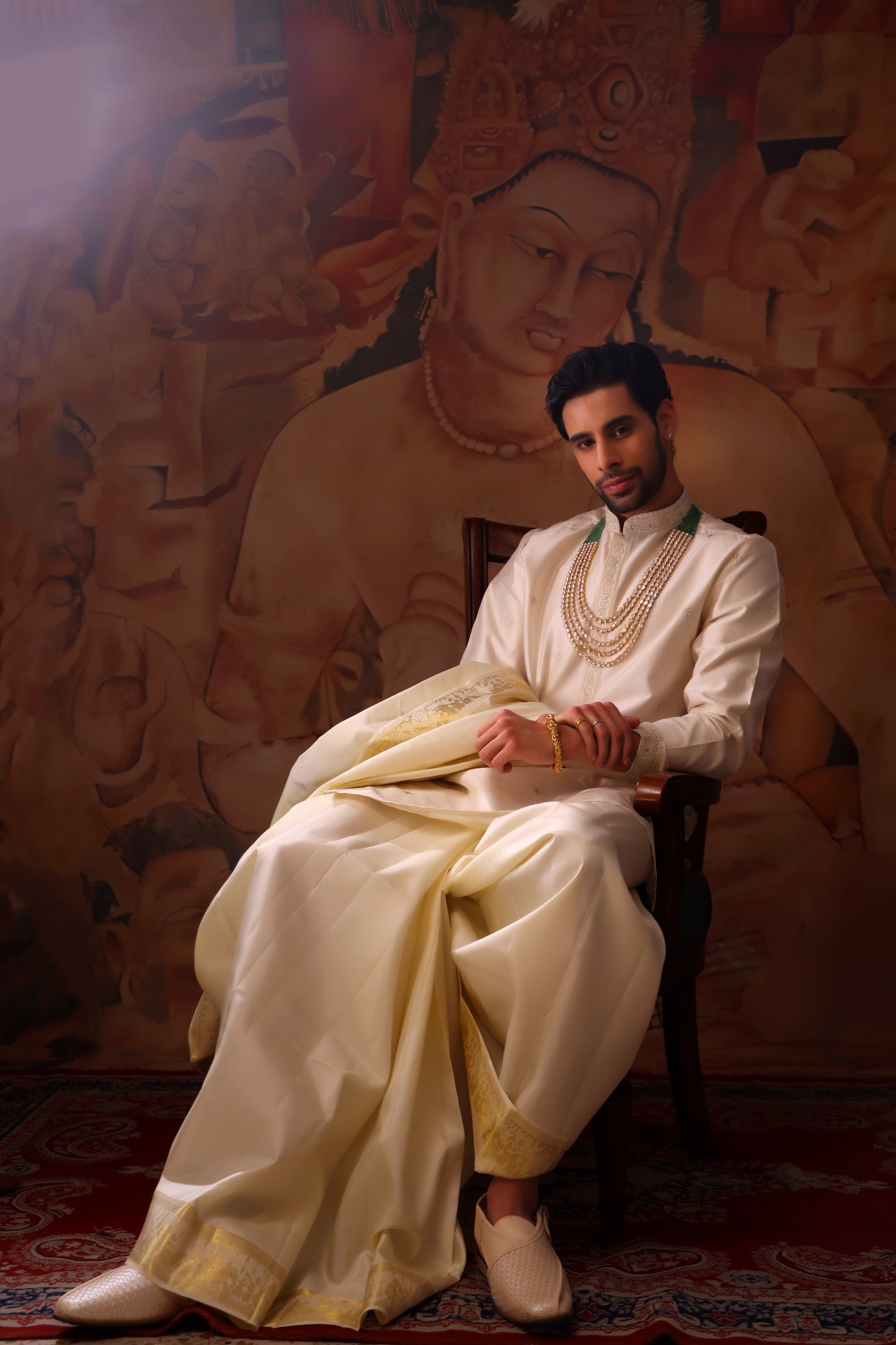 Off-white pure pattu pancha set with zari and resham embroidery