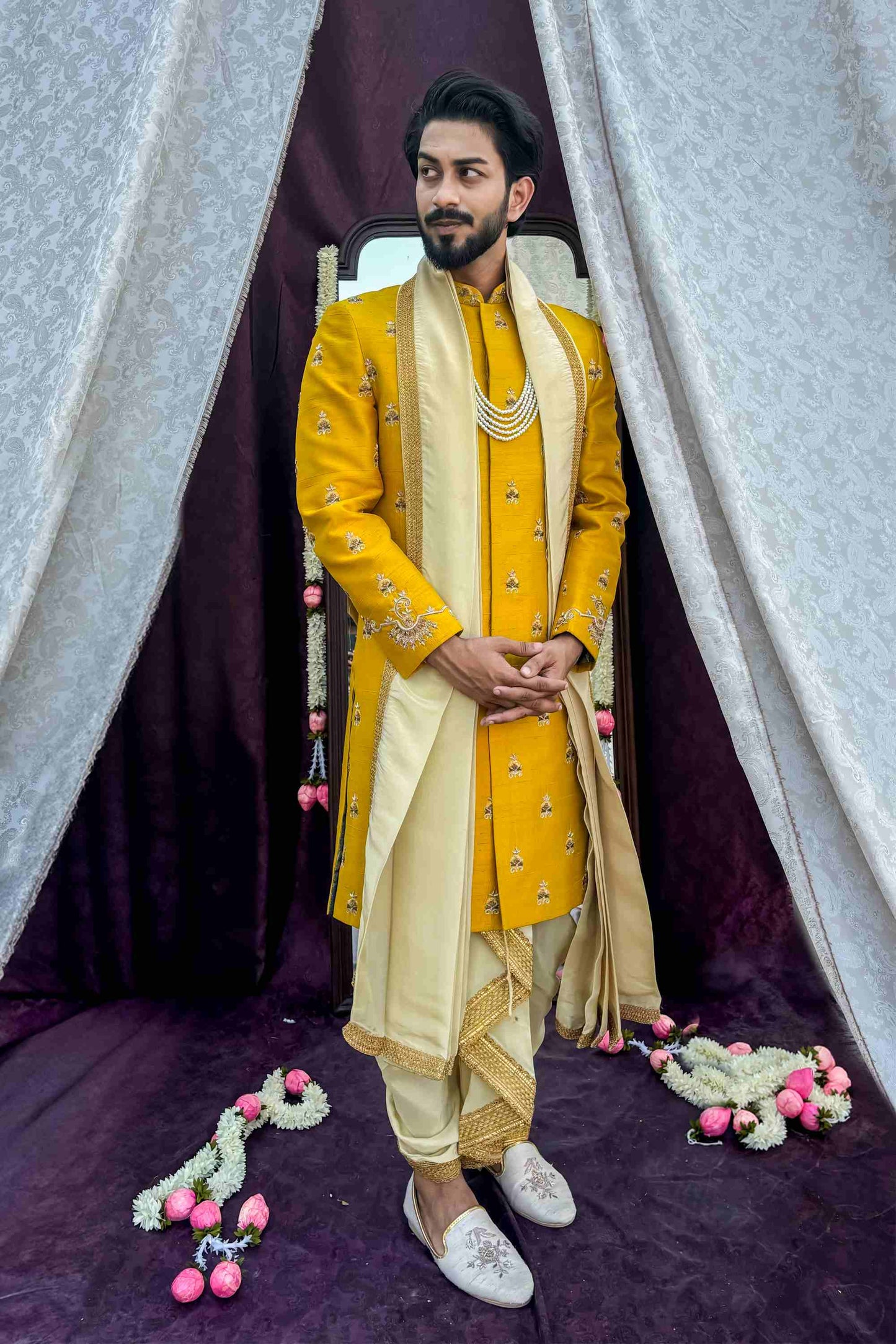 Mustard Yellow Sherwani with boota work