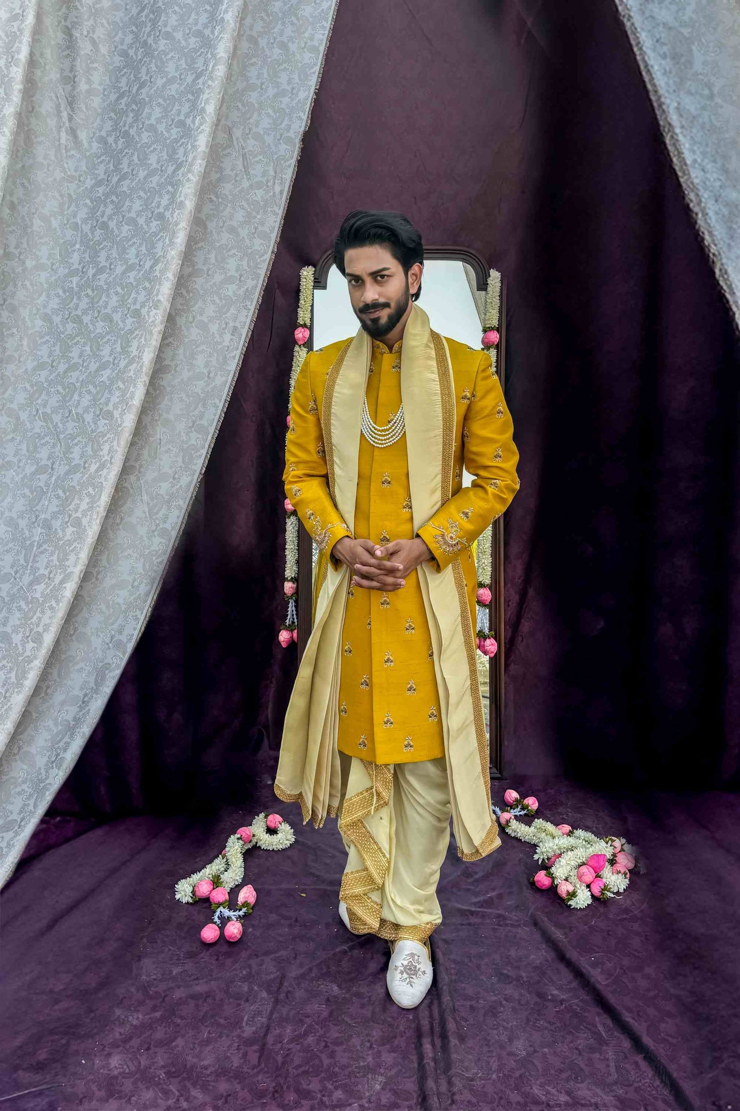 Mustard Yellow Sherwani with boota work