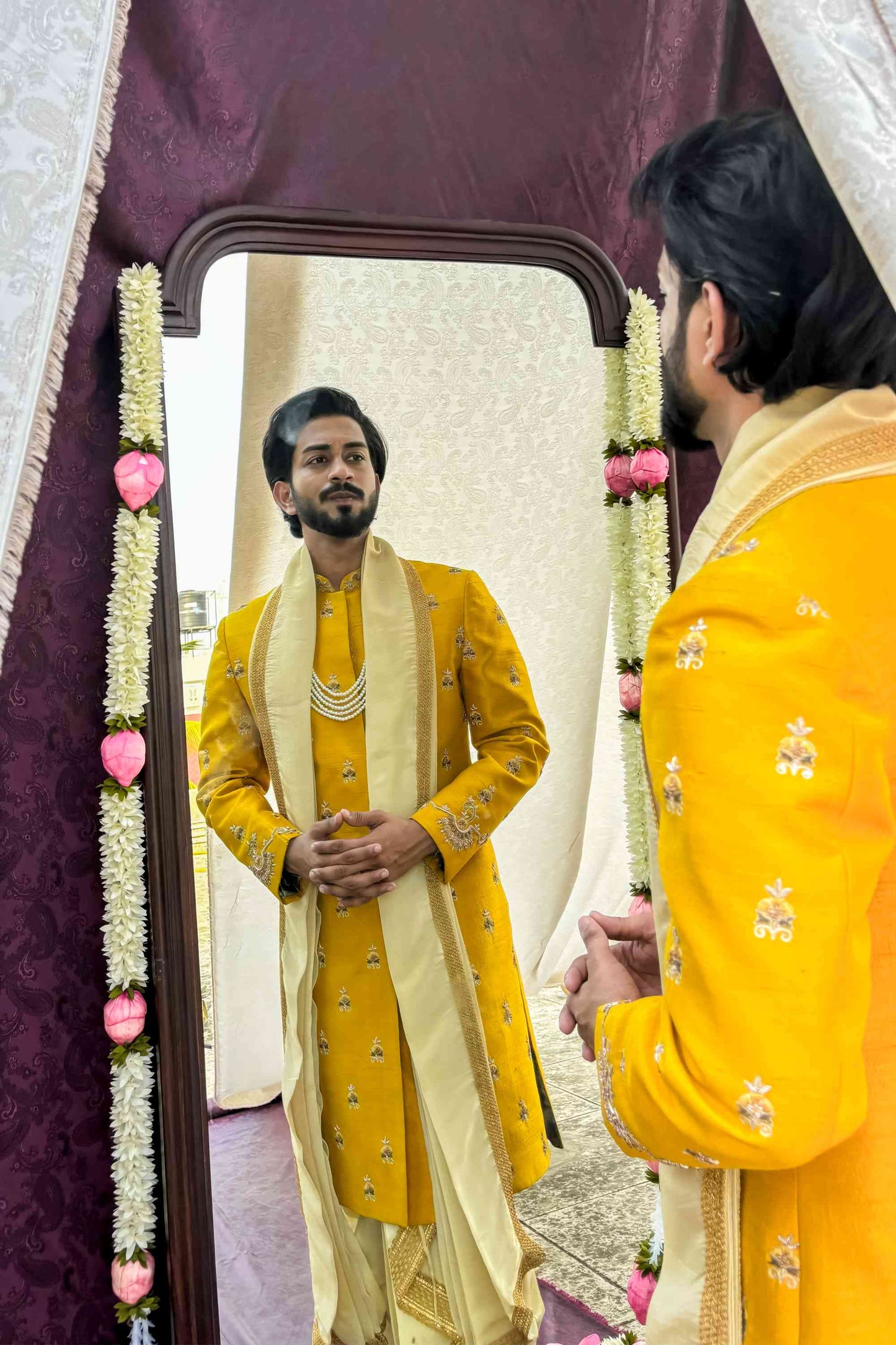 Mustard Yellow Sherwani with boota work