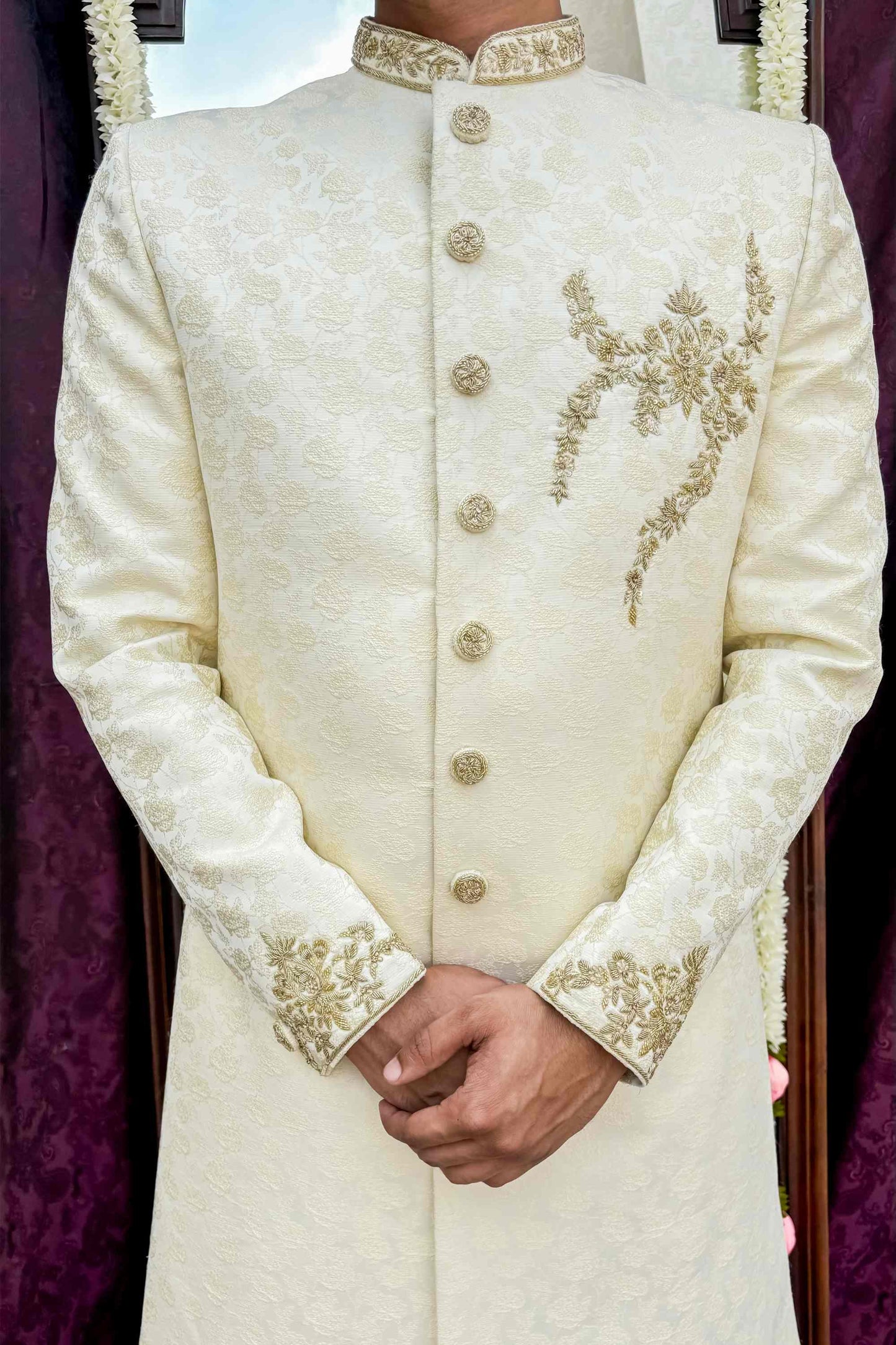 Off white brocade sherwani with chest work