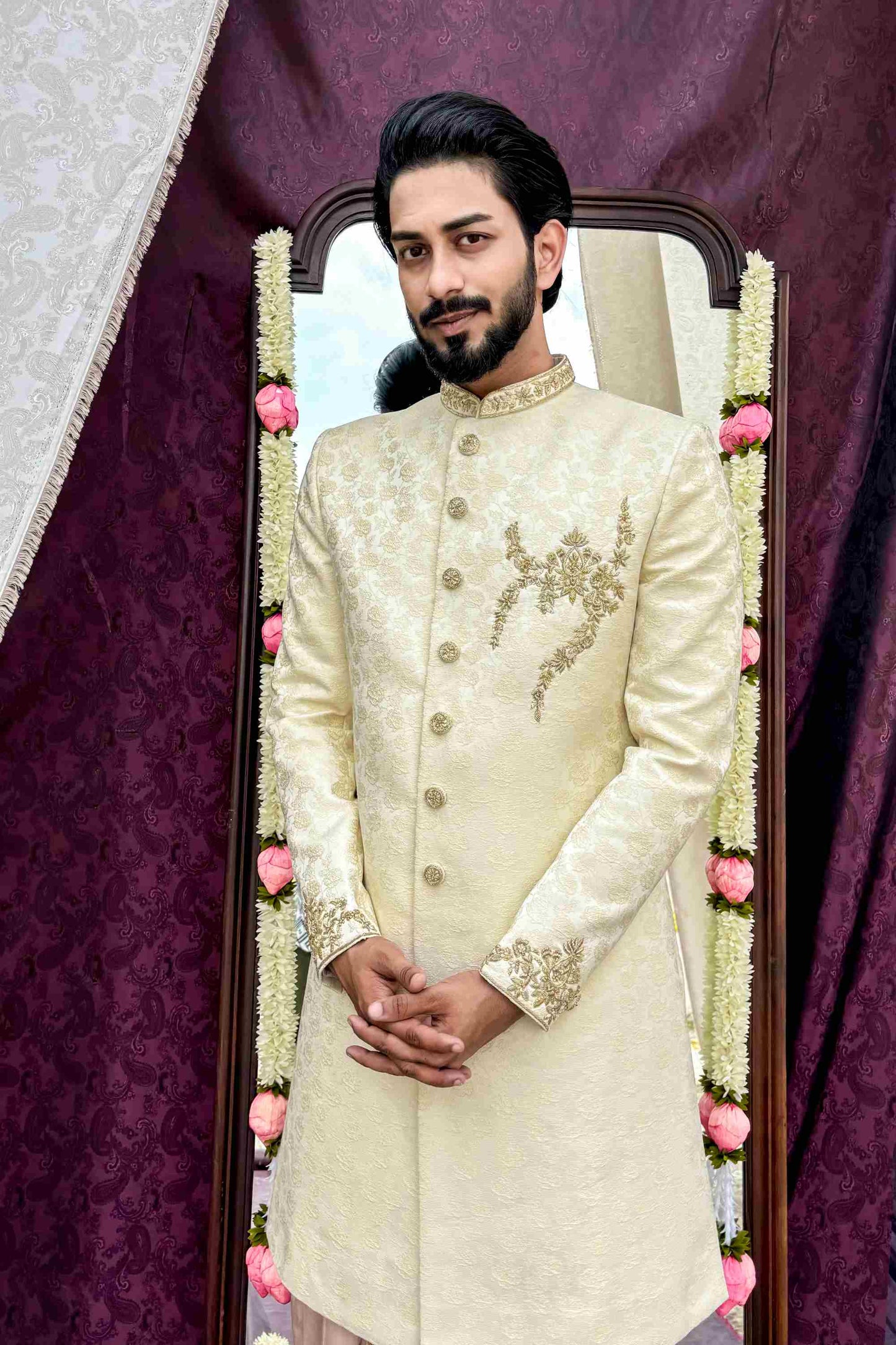 Off white brocade sherwani with chest work