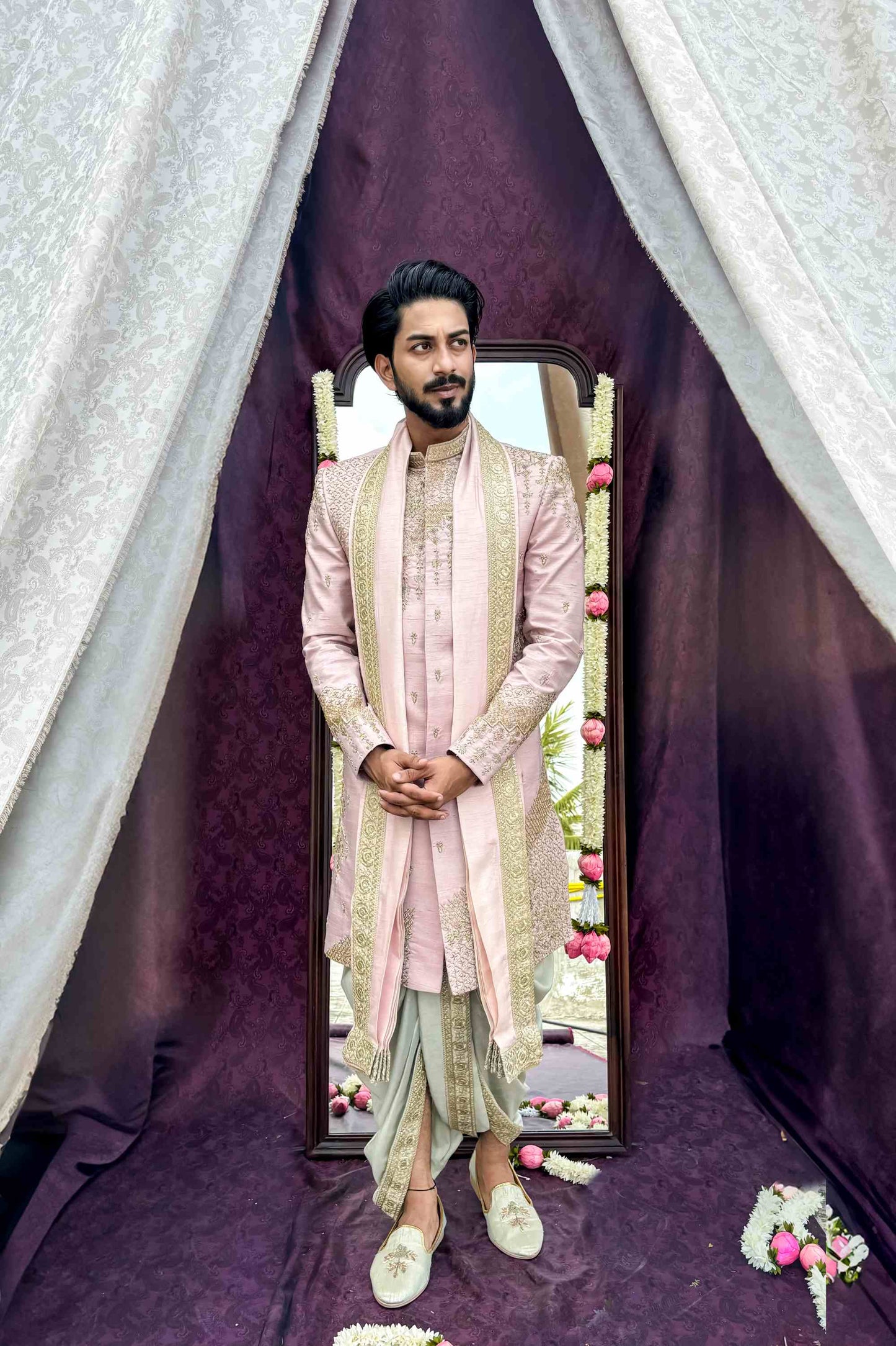 The Abstract Jewel Sherwani in Onion Pink