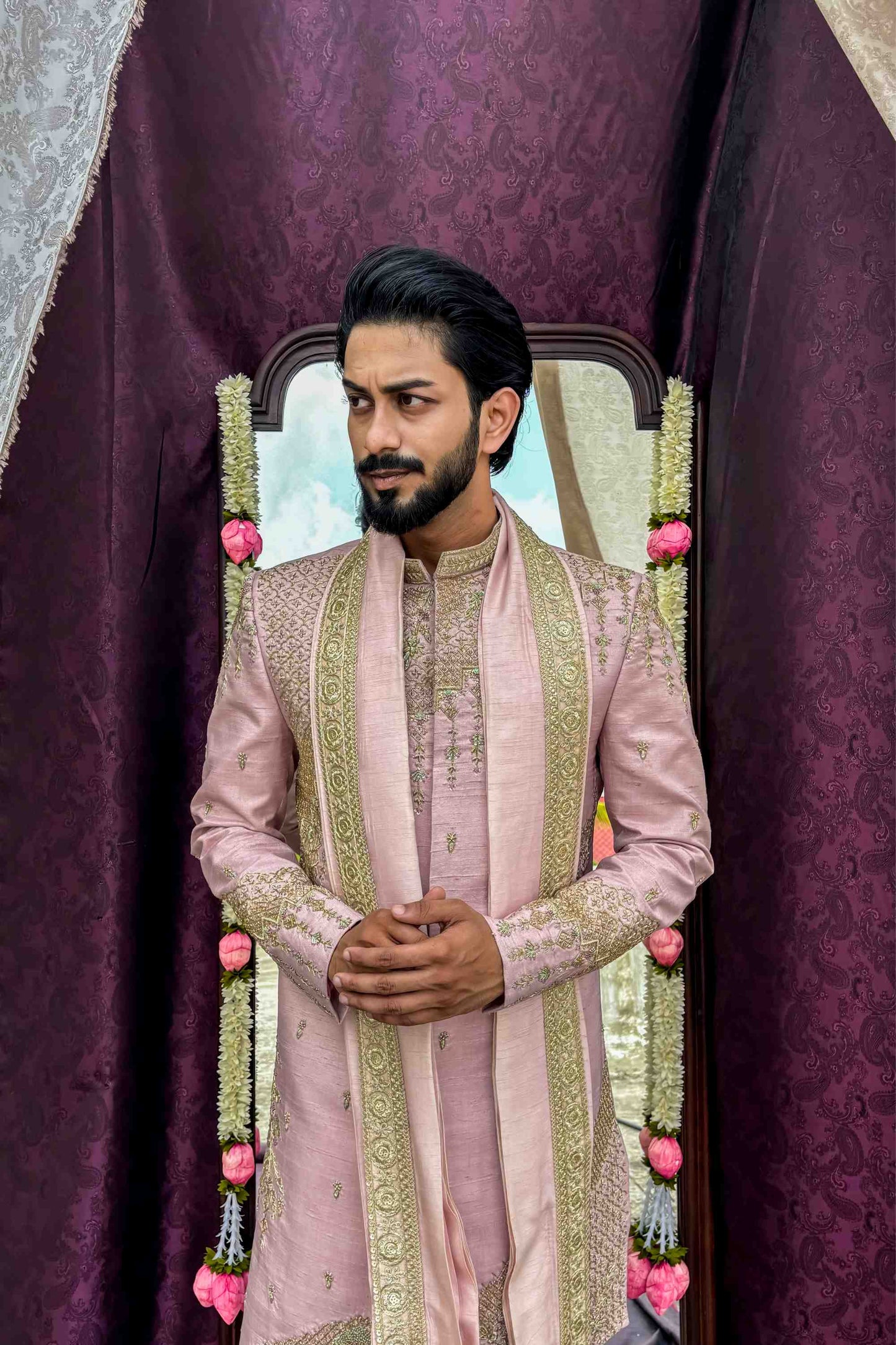 The Abstract Jewel Sherwani in Onion Pink