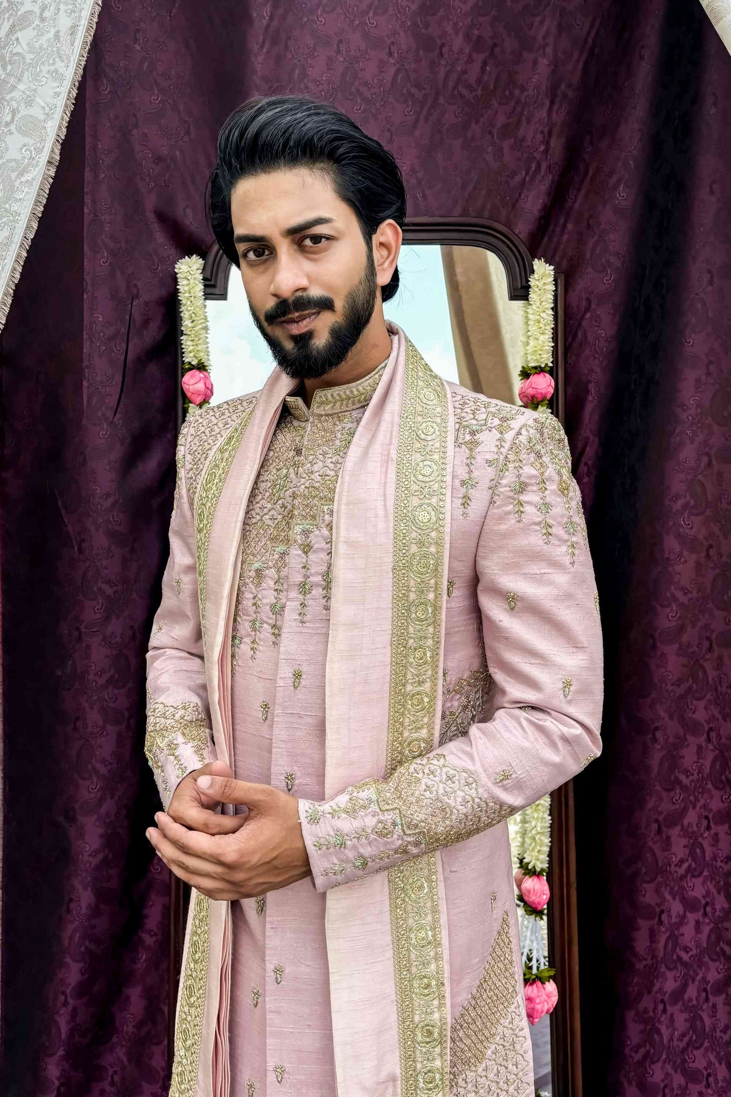 The Abstract Jewel Sherwani in Onion Pink