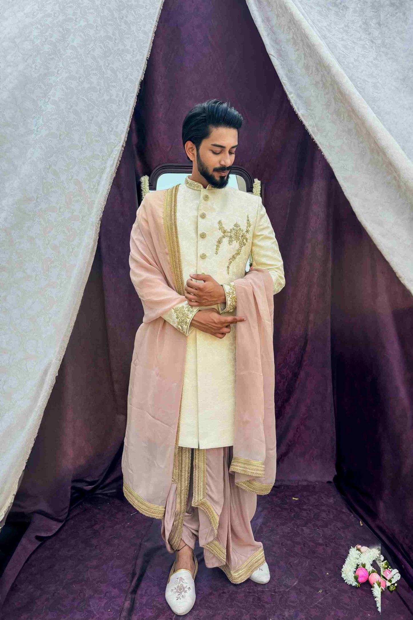 Off white brocade sherwani with chest work