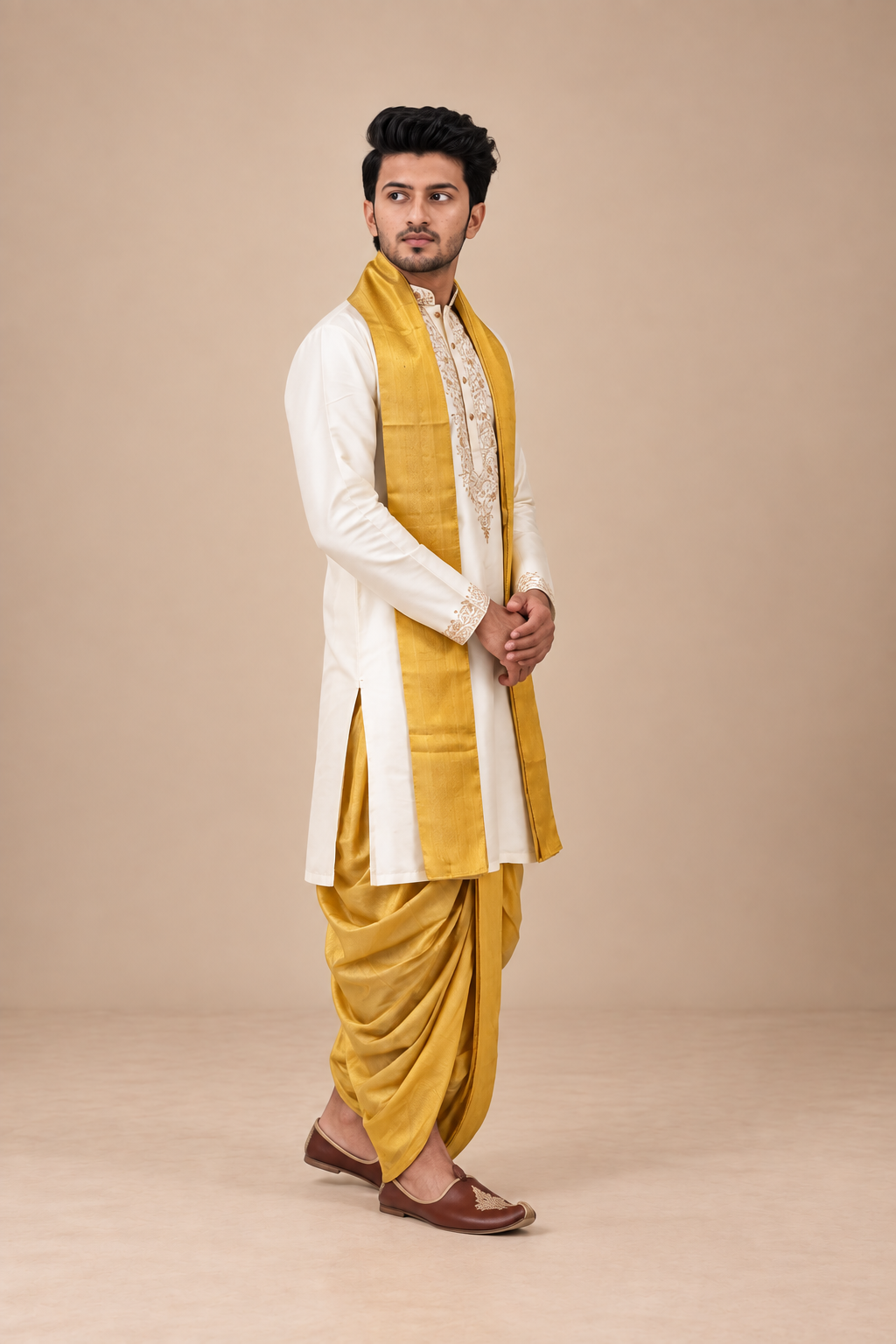 White Embroidered Kurta for Men with Gold Zari Detailing – Premium Wedding & Festive Ethnic Wear