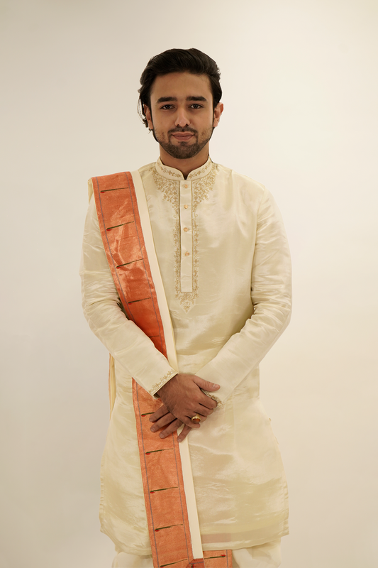 Light Gold Tissue pattu kurta with zari embroidery