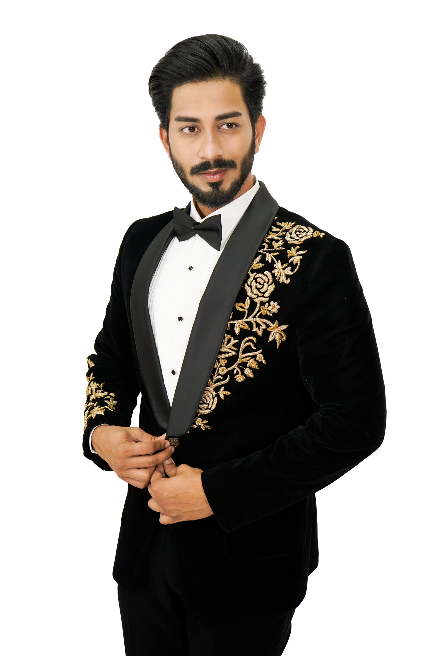 Black Velvet 2 piece  Tuxedo with golden zardosi embroidery