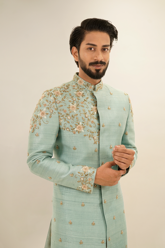 Floral Embroided Pure Raw Silk Sherwani