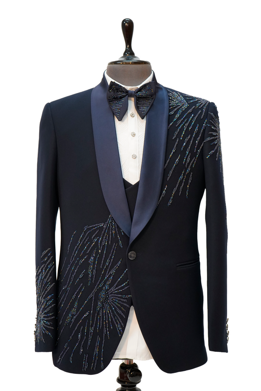 Navy blue 5-piece tuxedo with colored curtdana embroidery