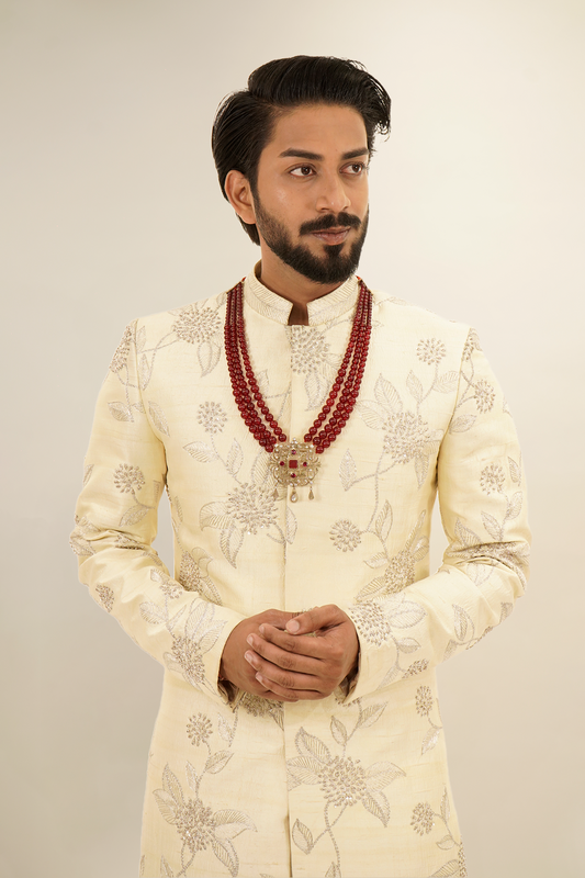 Silver Zari FLoral Work Sherwani