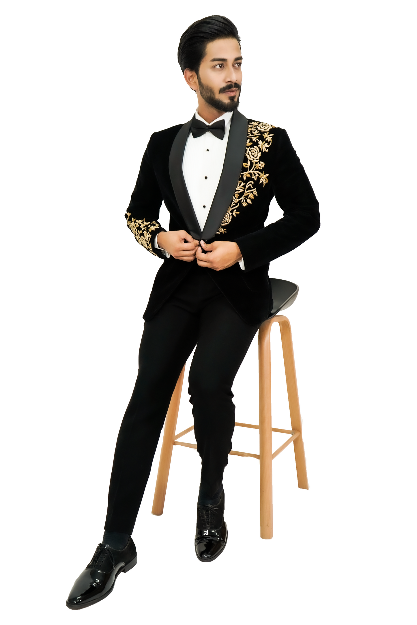 Black Velvet 2 piece  Tuxedo with golden zardosi embroidery