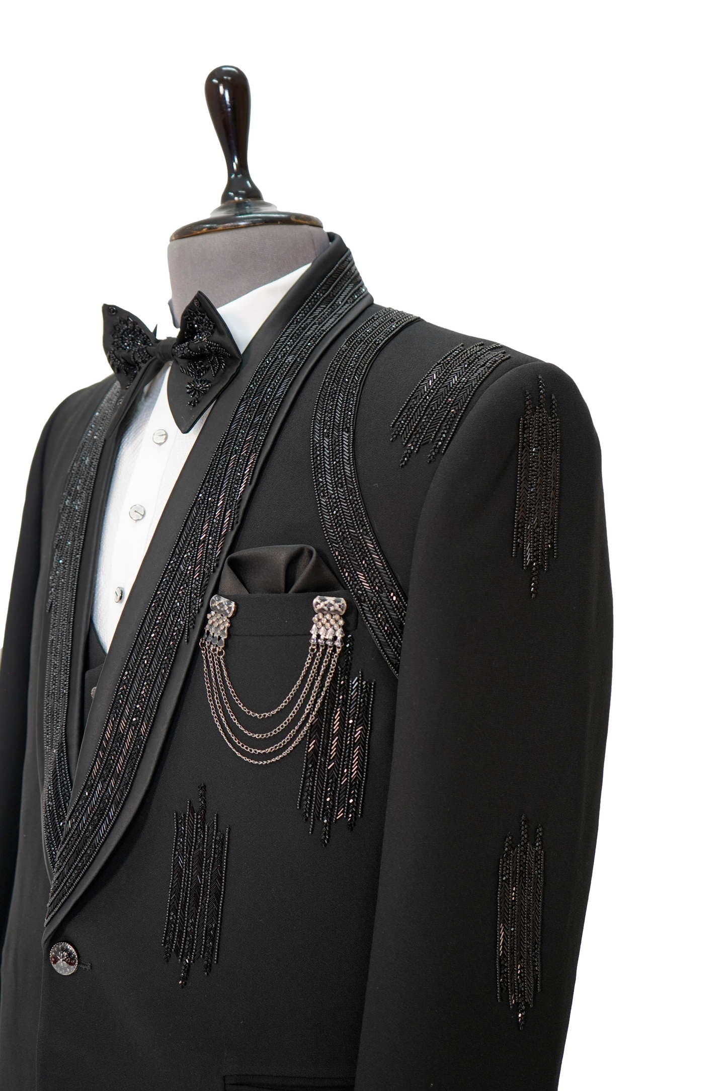 Black Italian Woolcrepe 2-piece tuxedo with lapel and shoulder Embroidery