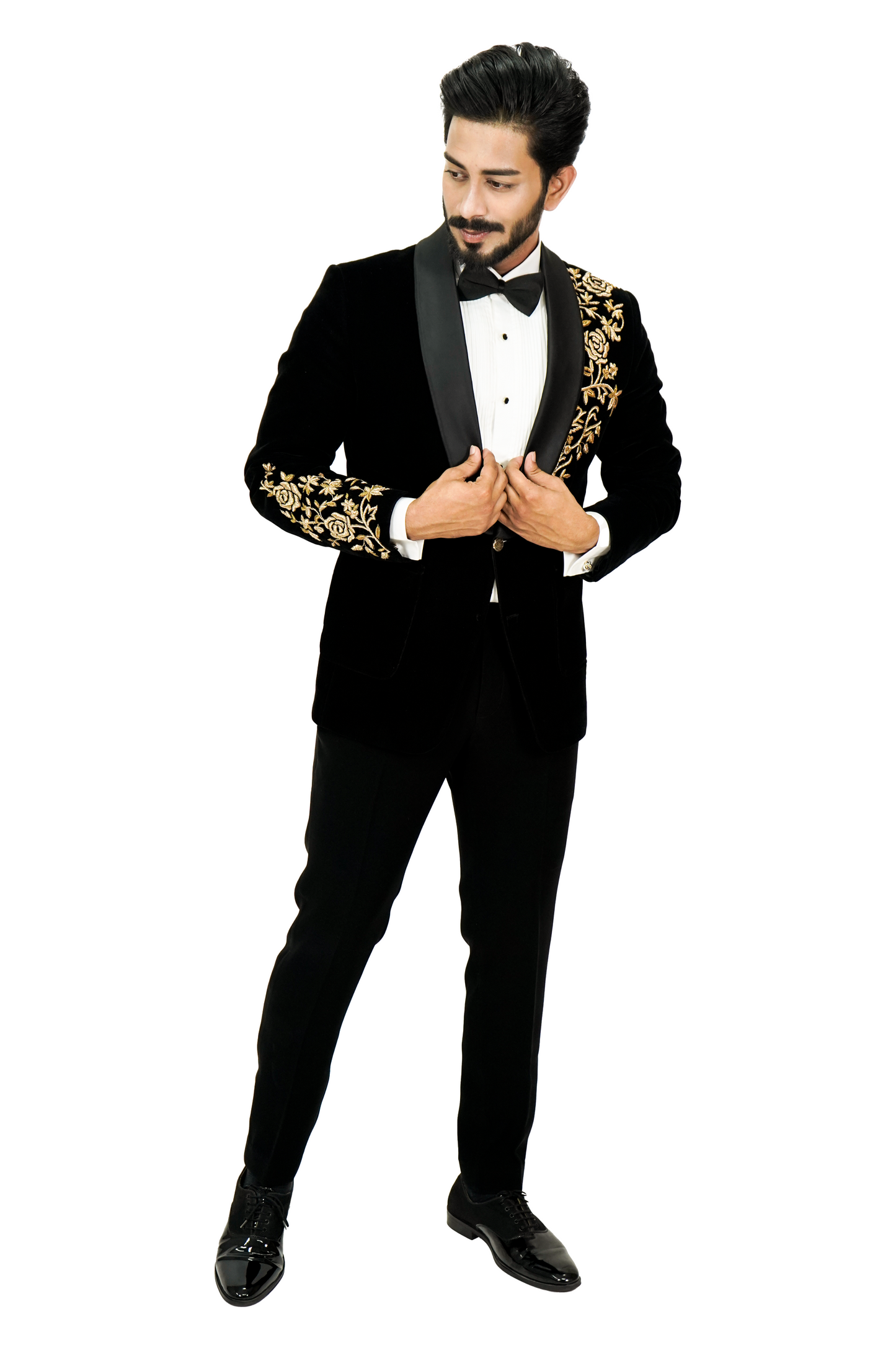 Black Velvet 2 piece  Tuxedo with golden zardosi embroidery