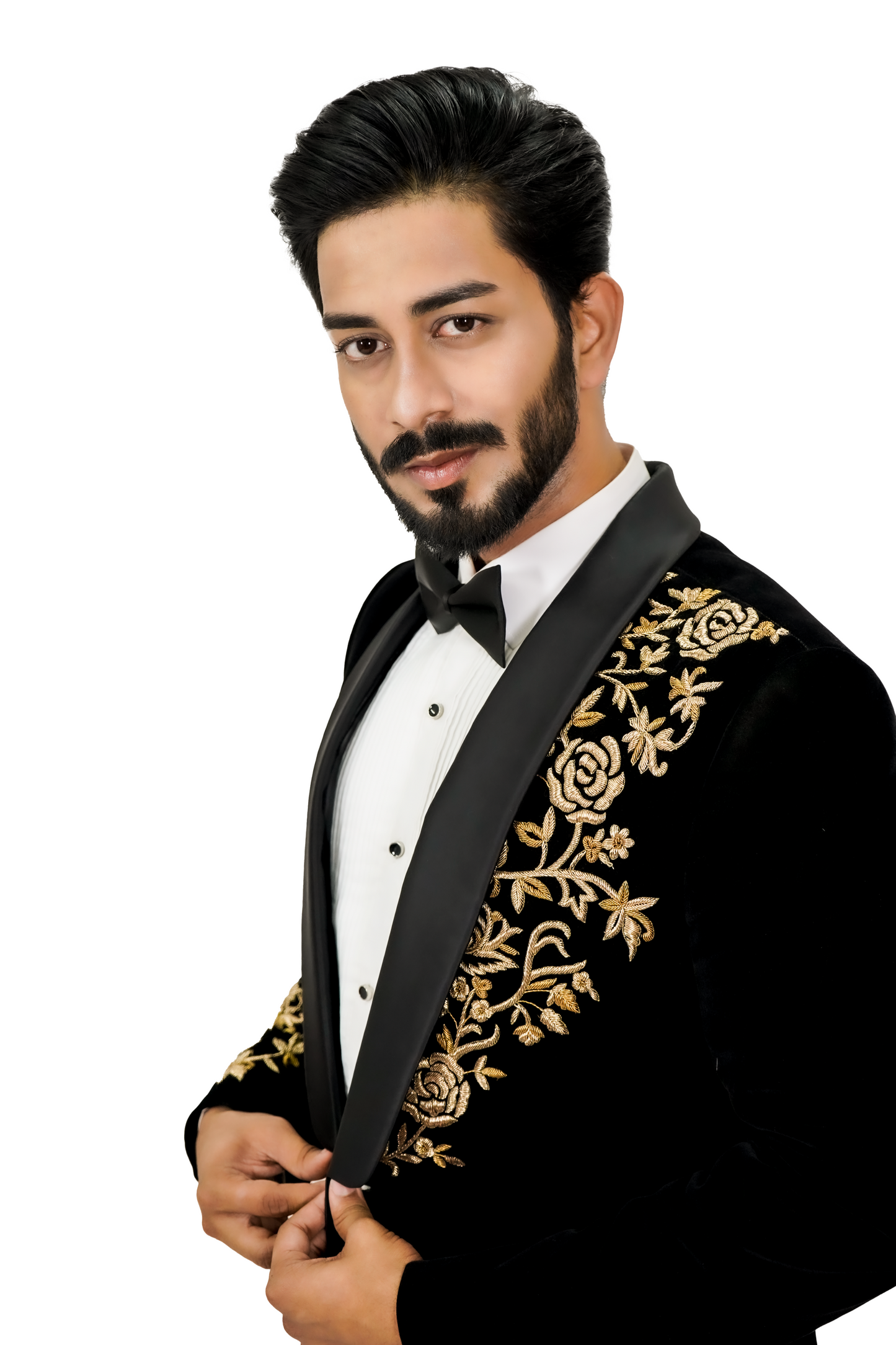 Black Velvet 2 piece  Tuxedo with golden zardosi embroidery