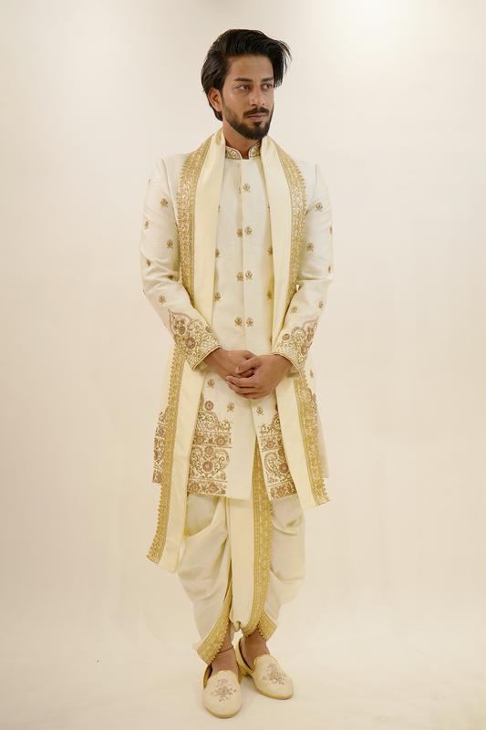 Heavy hem work Sherwani with bootas