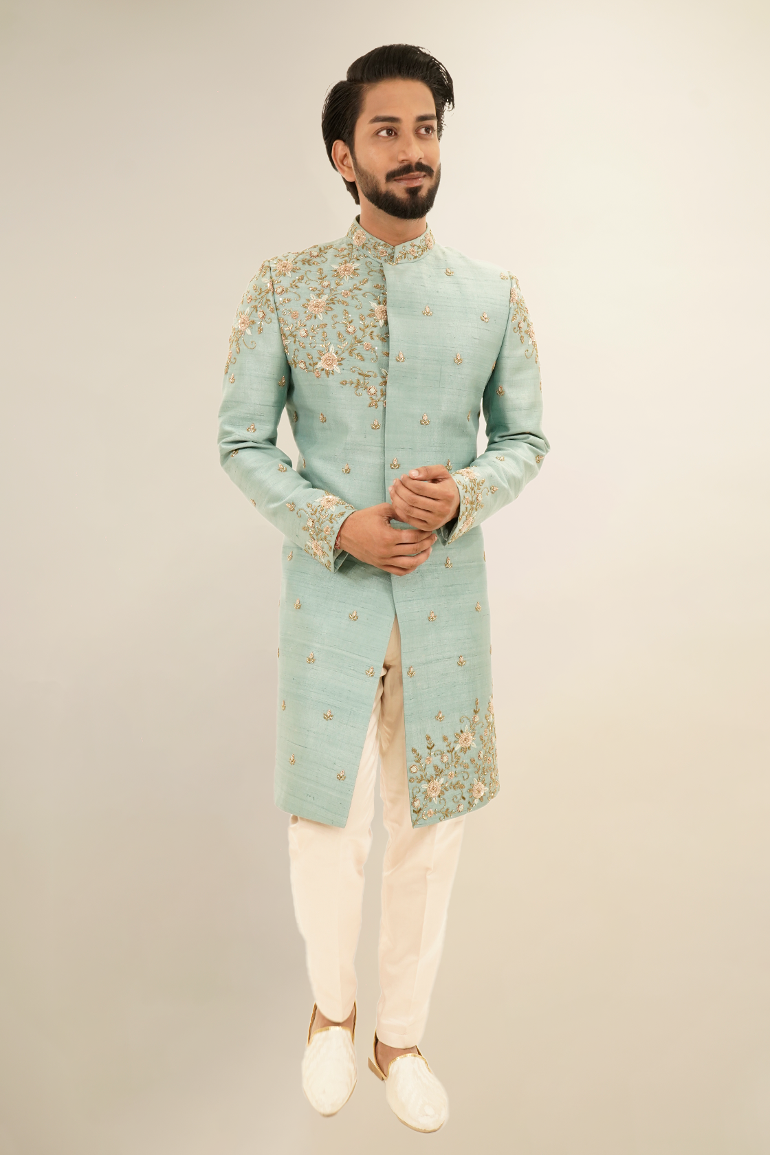 Floral Embroided Pure Raw Silk Sherwani