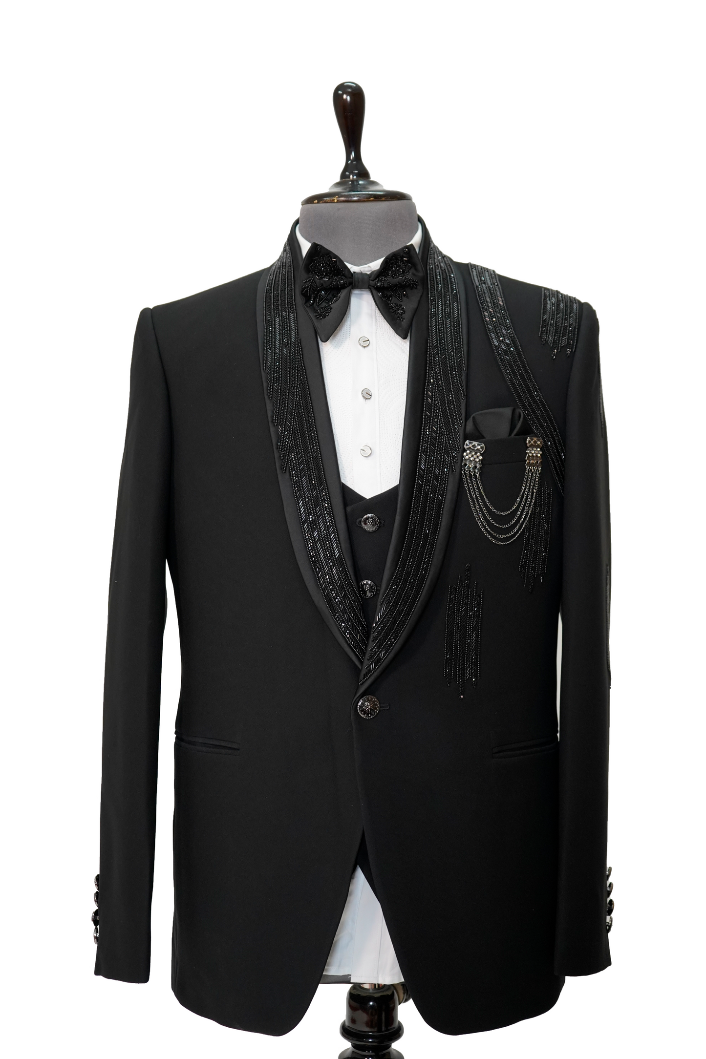 Black Italian Woolcrepe 2-piece tuxedo with lapel and shoulder Embroidery