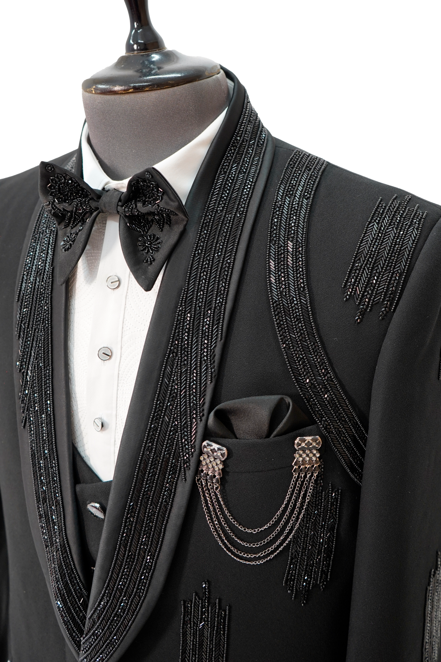 Black Italian Woolcrepe 2-piece tuxedo with lapel and shoulder Embroidery