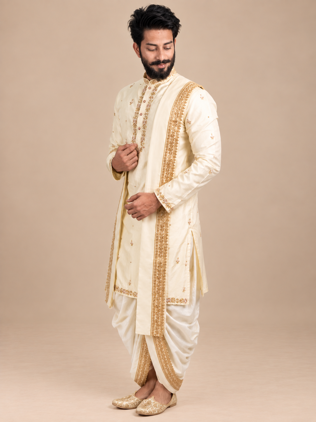 Royal Cream Embroidered Kurta Set with Dhoti & Designer Stole