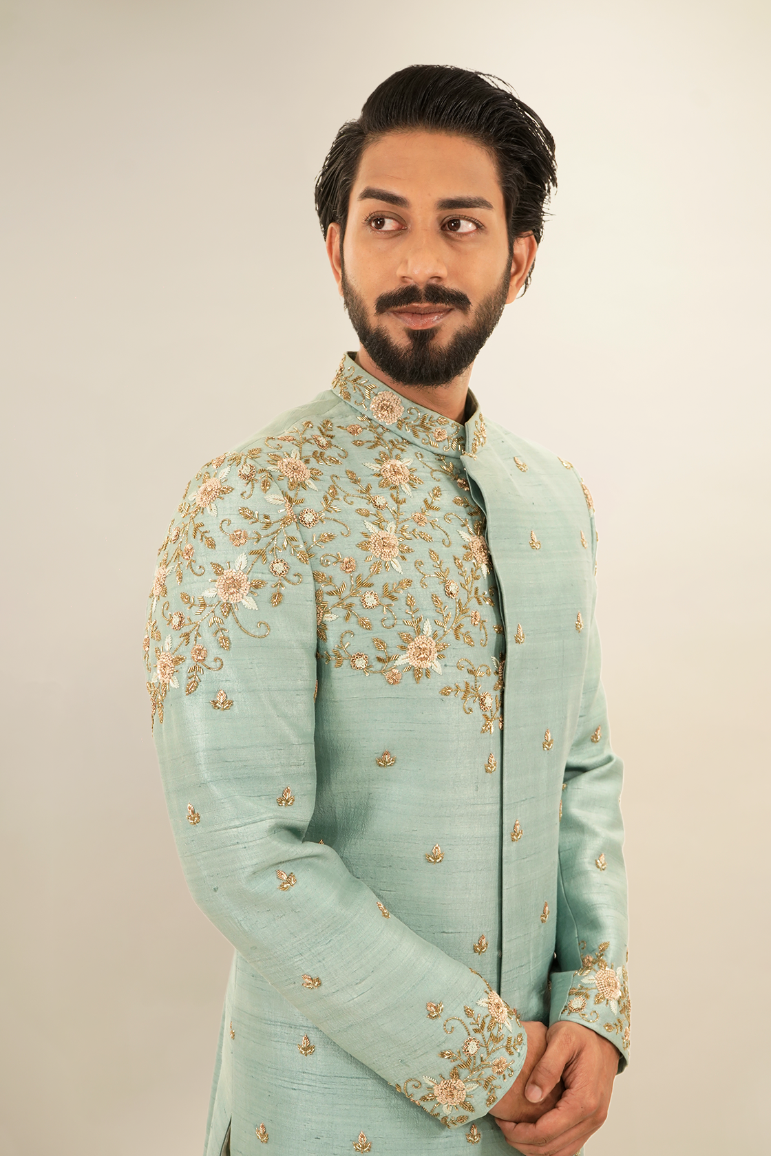 Floral Embroided Pure Raw Silk Sherwani