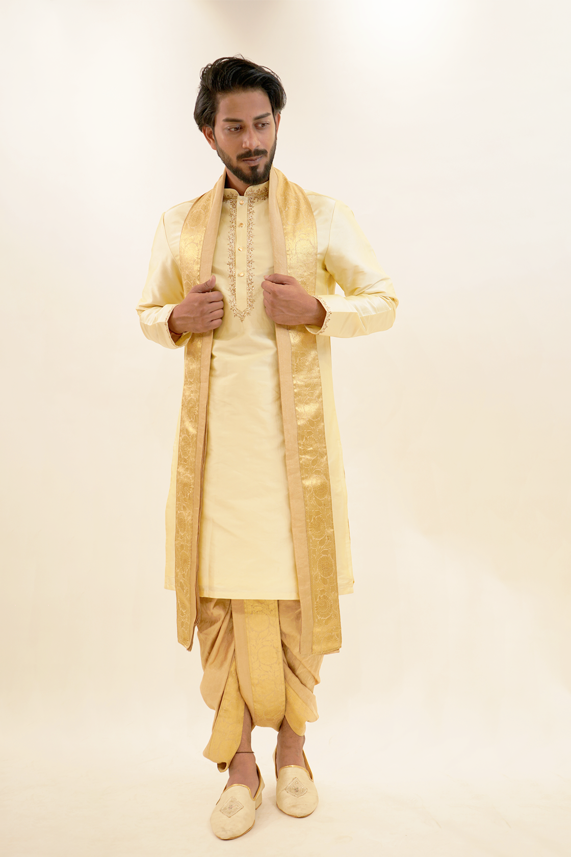 Semi Pattu Kurta Set with gold badla work