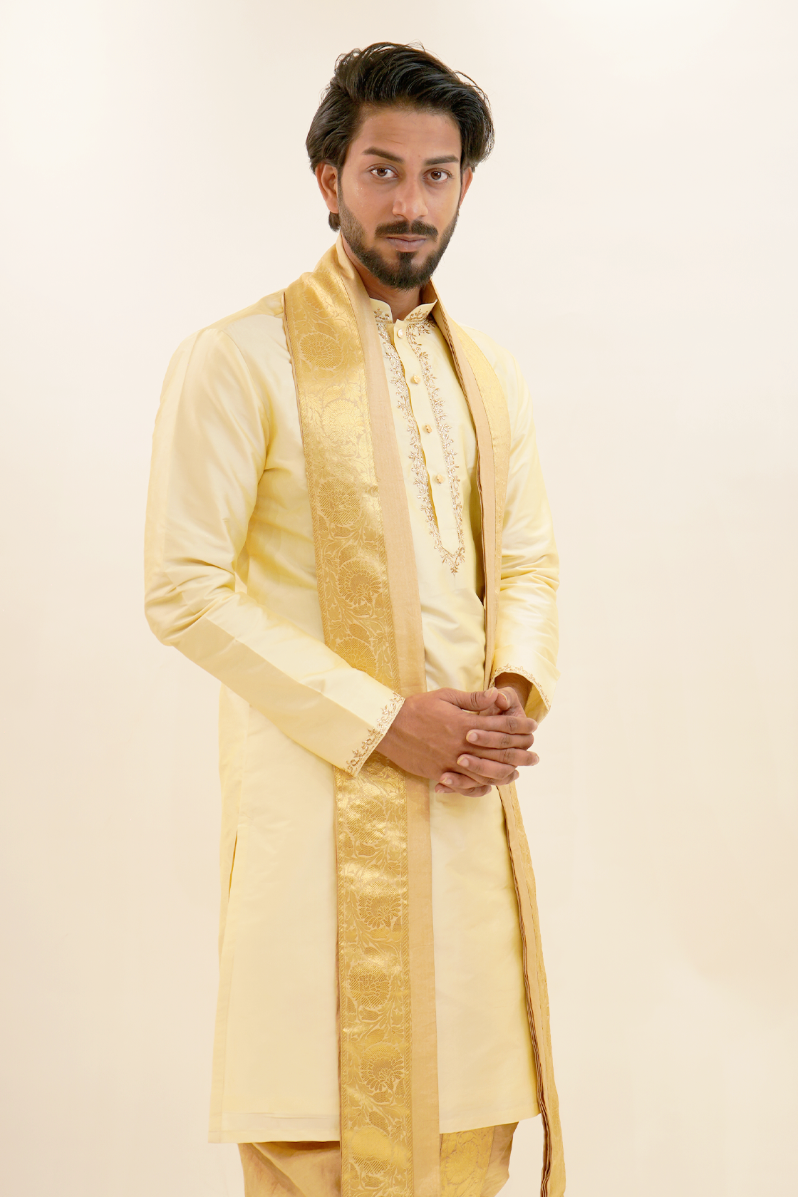 Semi Pattu Kurta Set with gold badla work