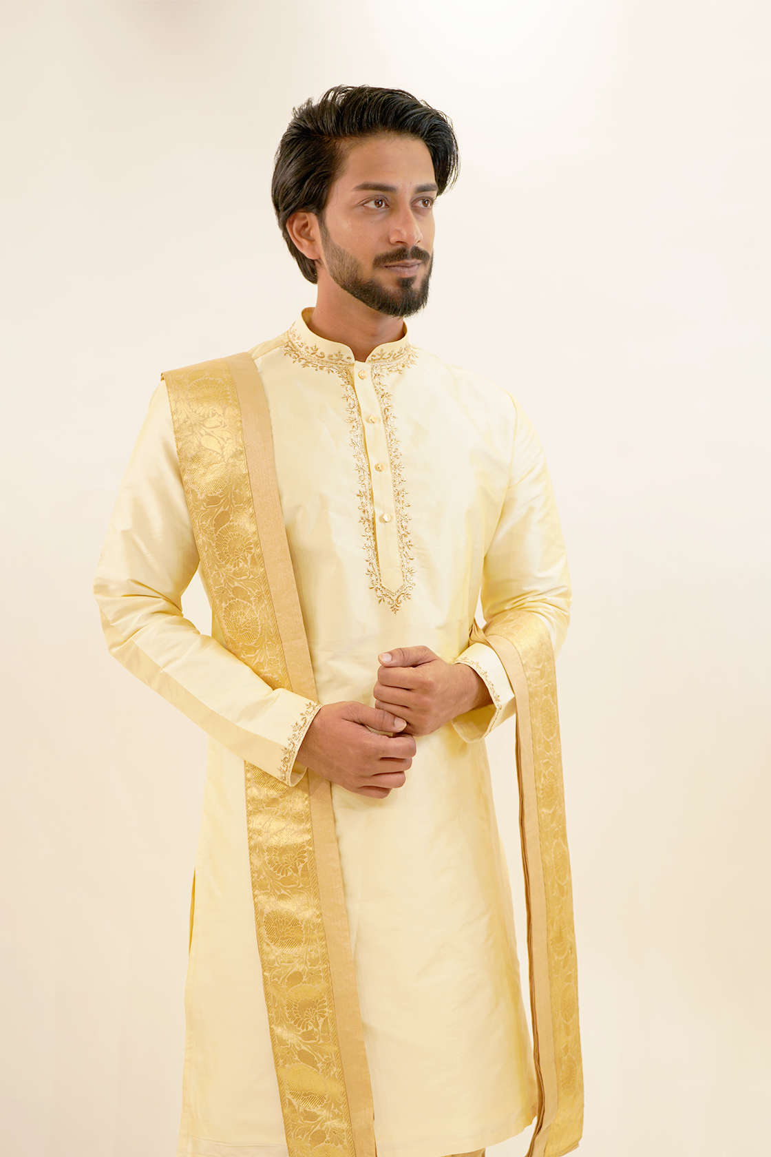 Semi Pattu Kurta Set with gold badla work