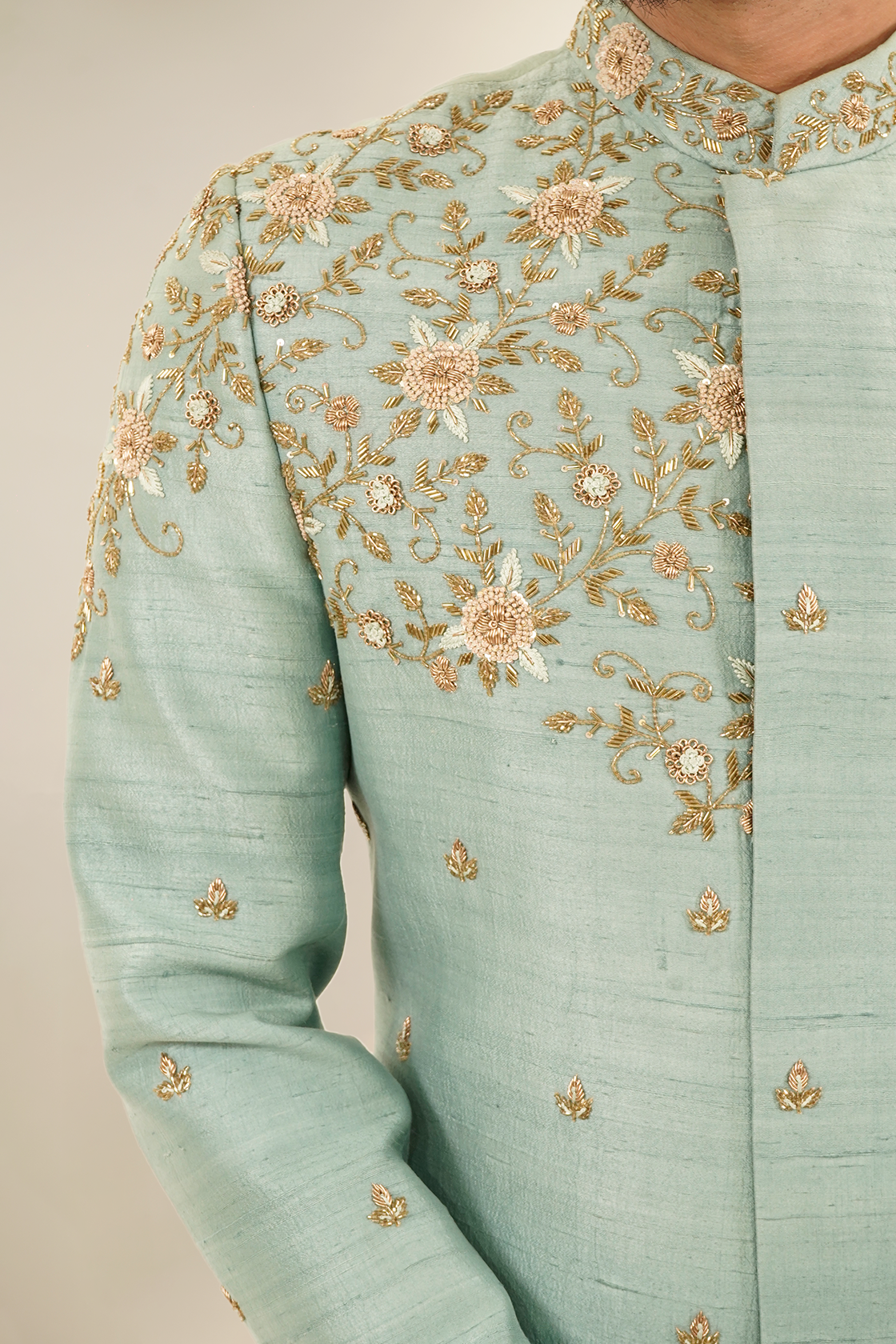 Floral Embroided Pure Raw Silk Sherwani