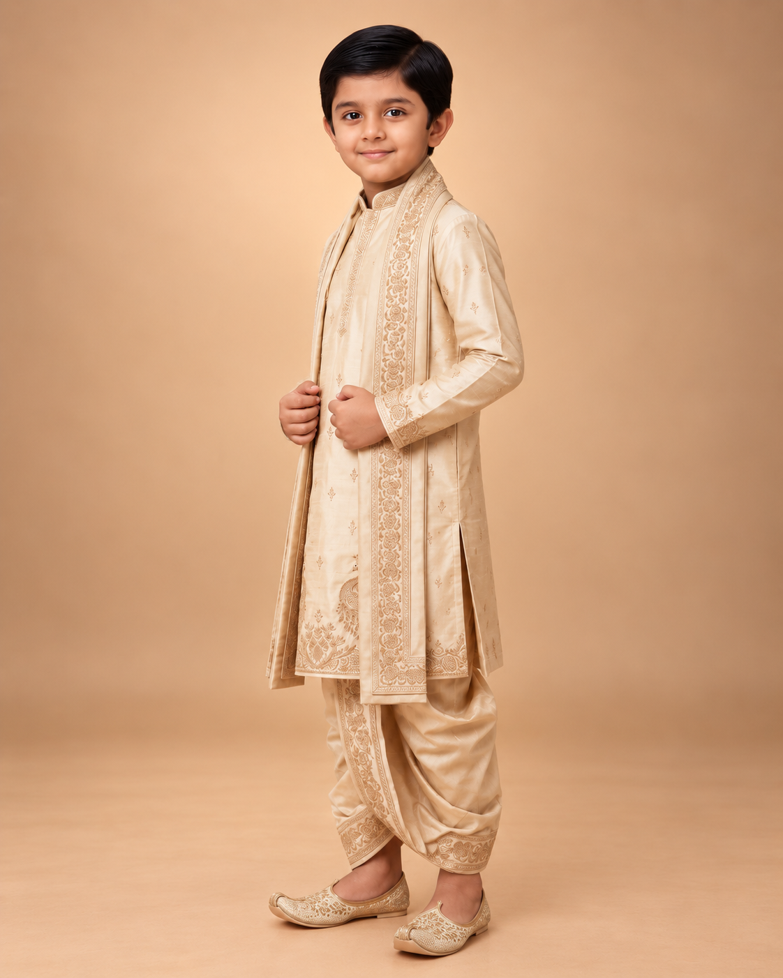 Boys Royal Ivory Peacock 3-Piece Dhoti Set