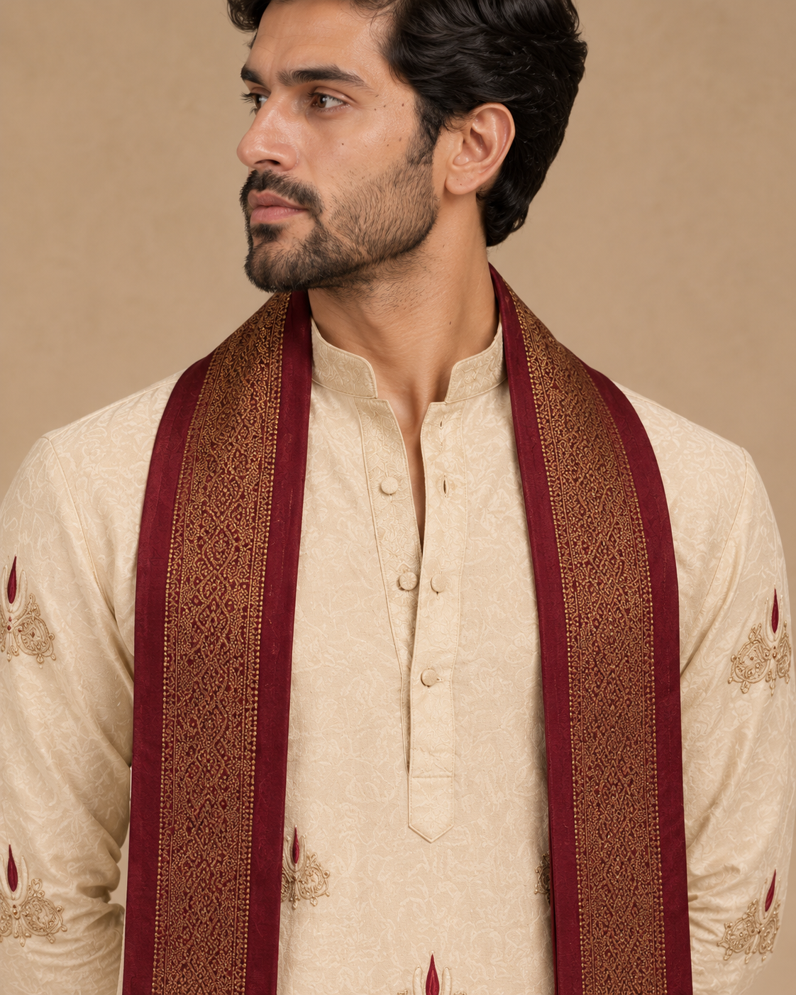 Royal Ivory & Maroon Embroidered Kurta Dhoti Set