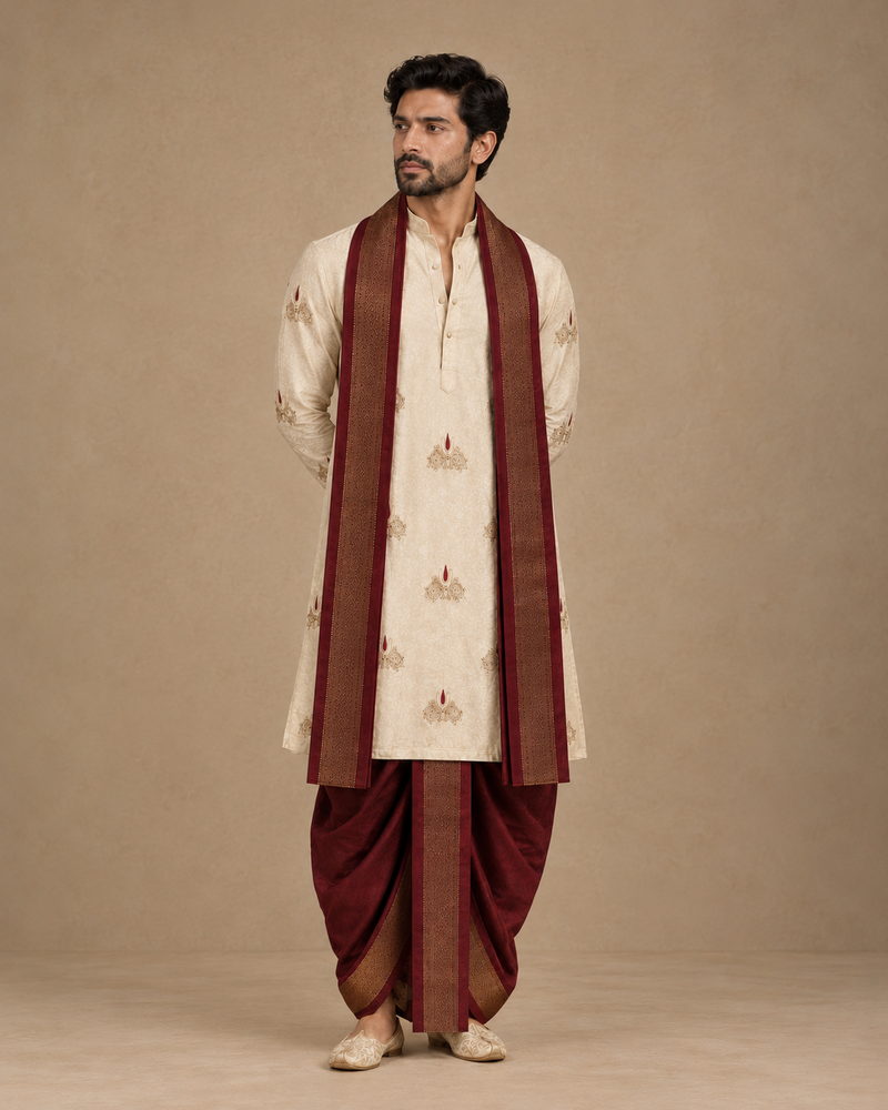 Royal Ivory & Maroon Embroidered Kurta Dhoti Set