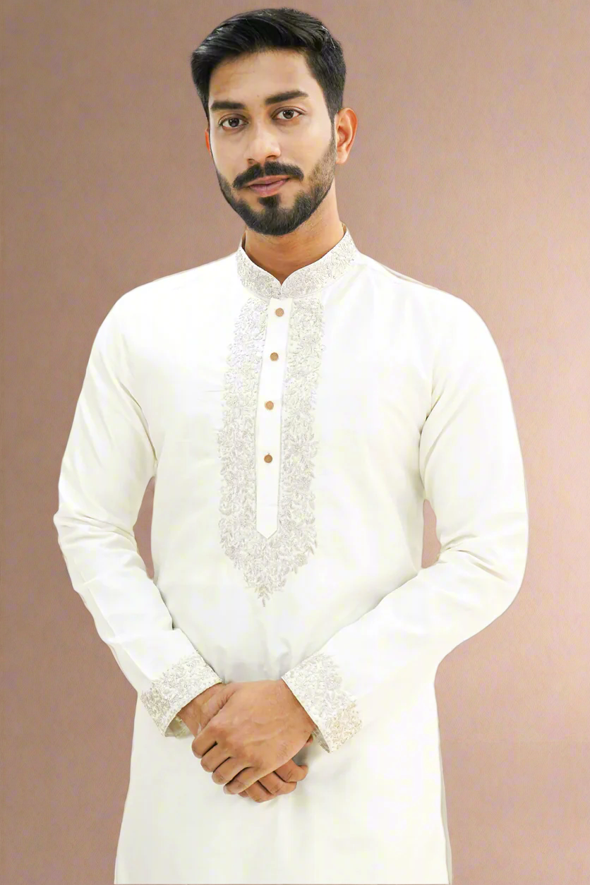 Off White Semi-Pattu Kurta with Zari Embroidery