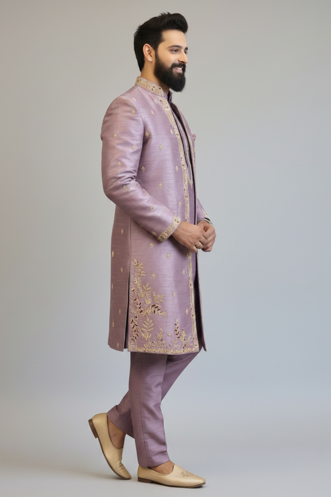 Dusty Lavender Embroidered Indo-Western Sherwani Set for Men | Designer Wedding Wear