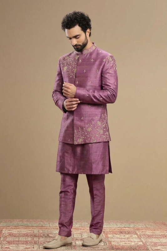 Men’s Designer Purple Indo-Western Set with Floral Motifs