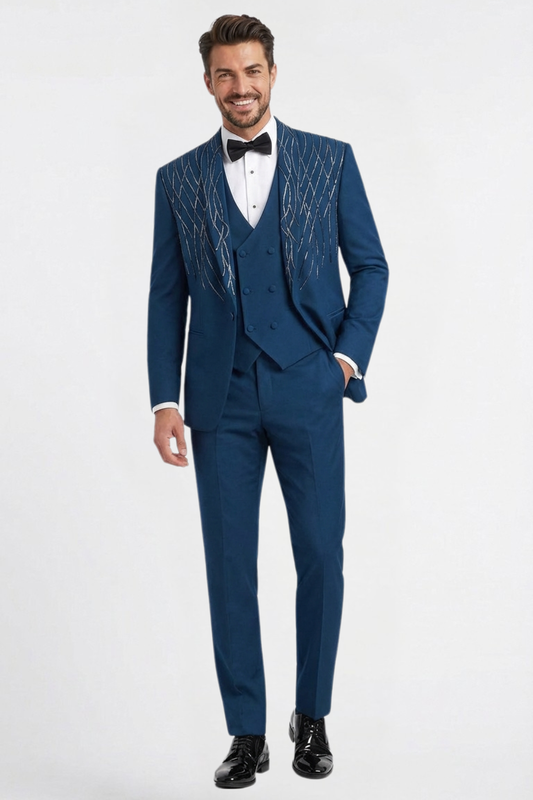 Teal Blue Designer 3-Piece Suit for Men – Slim Fit Embellished Wedding & Reception Wear